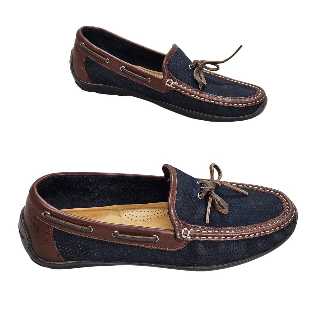 Tommy Bahama Odinn Camp Moc Navy Brown Leather Boat Shoes Mens 10.5 TB7S0044-220